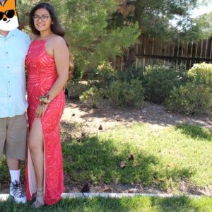 Red Nude Sequin High Slit Formal Prom Gown Dress